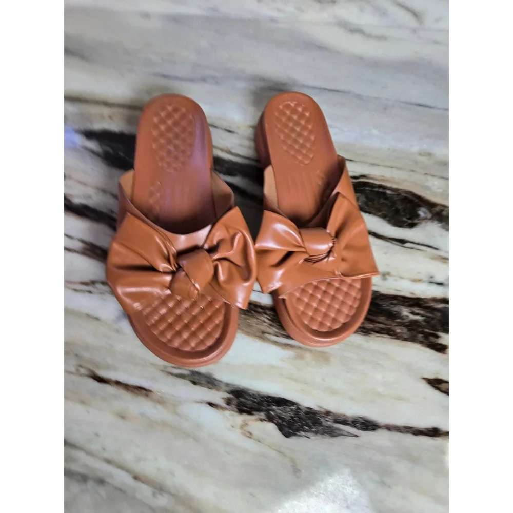 Rouge‎ Helium Womens Cognac Brown Bow Platform Slide Sandals Size 9